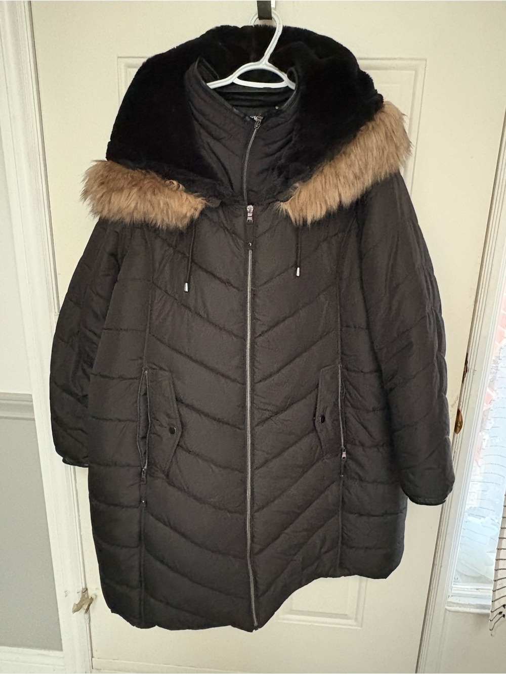George Black Quilted Puffer Coat with Faux Fur Trim Hood